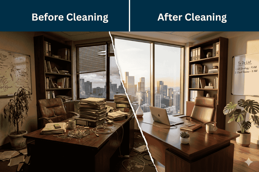 Comparison of a CEO’s office before and after cleaning