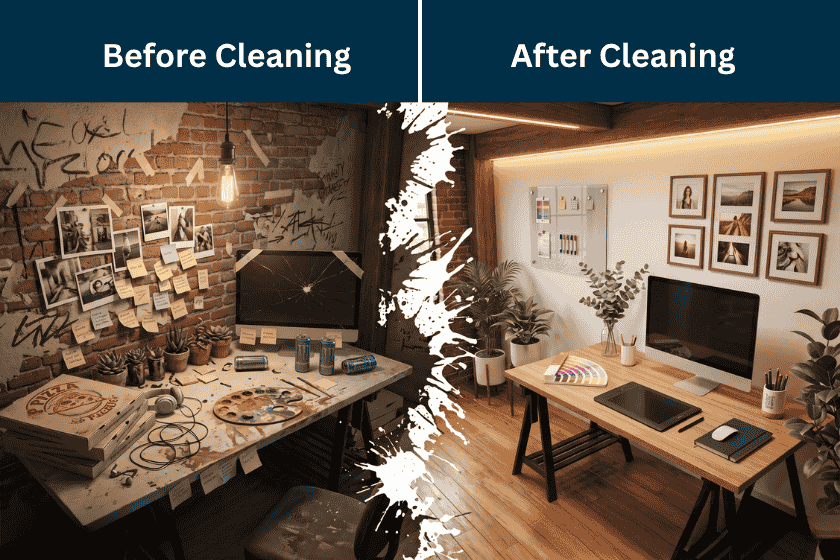 Comparison of an IT office before and after cleaning