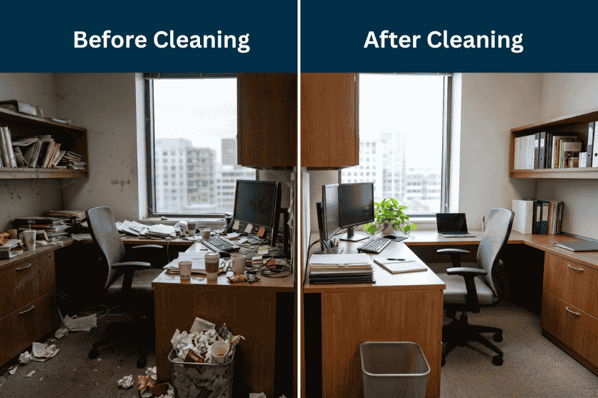 Comparison of an office cabin before and after cleaning