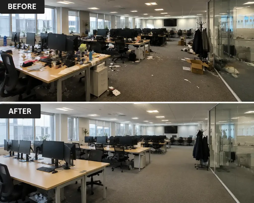 comaprison of an IT offce before and after cleaning