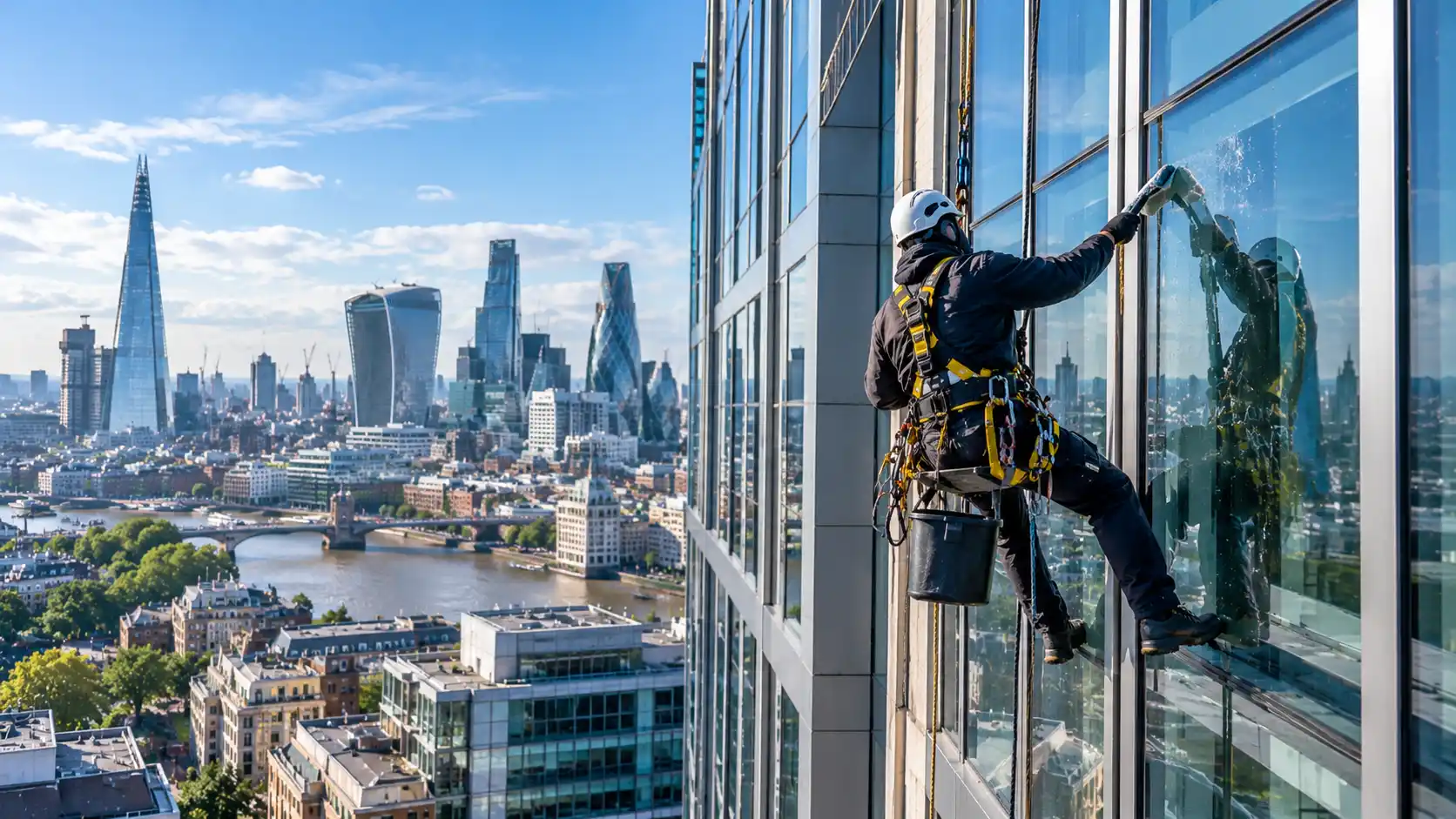 Rope access window cleaning for hard-to-reach commercial glass