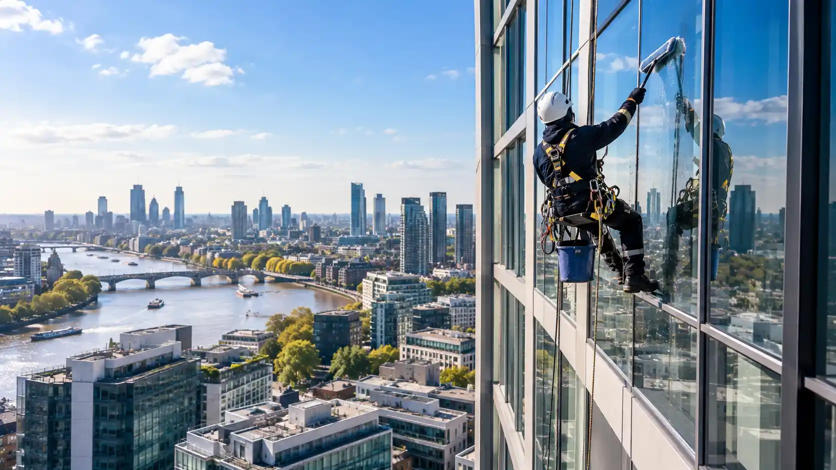 Rope access window cleaning on a London commercial building